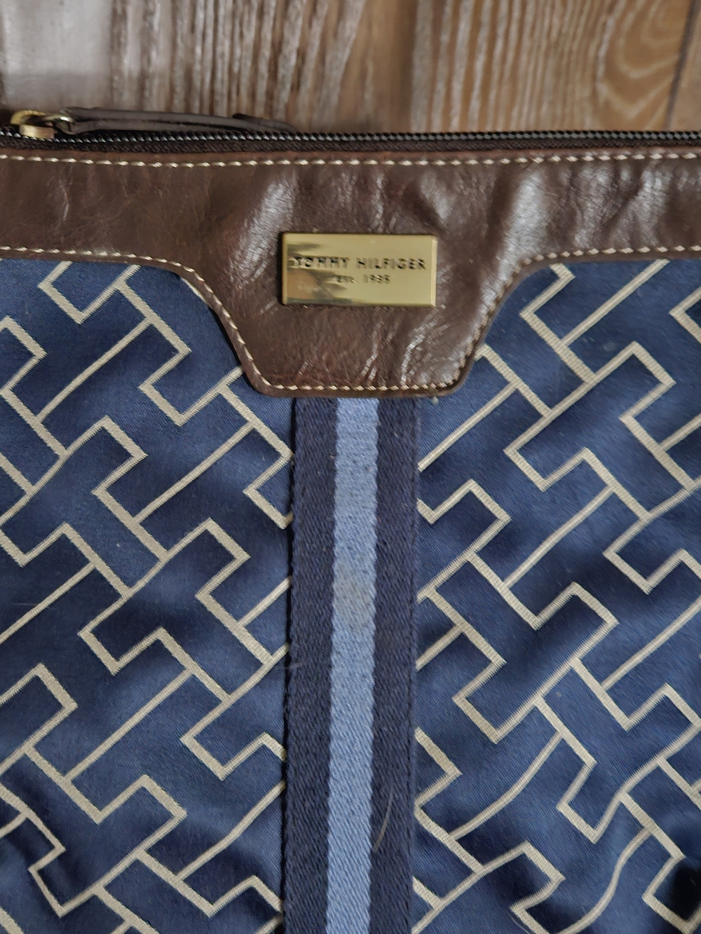 Tommy Hilfiger Navy Geometric Toiletry Bag with Brown Leather Trim